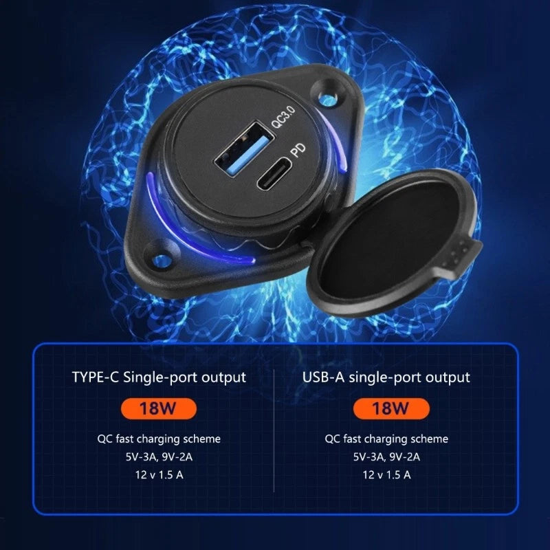 12V/24V USB Type C Power Adapter Outlet Panel for Boats/Motorbikes