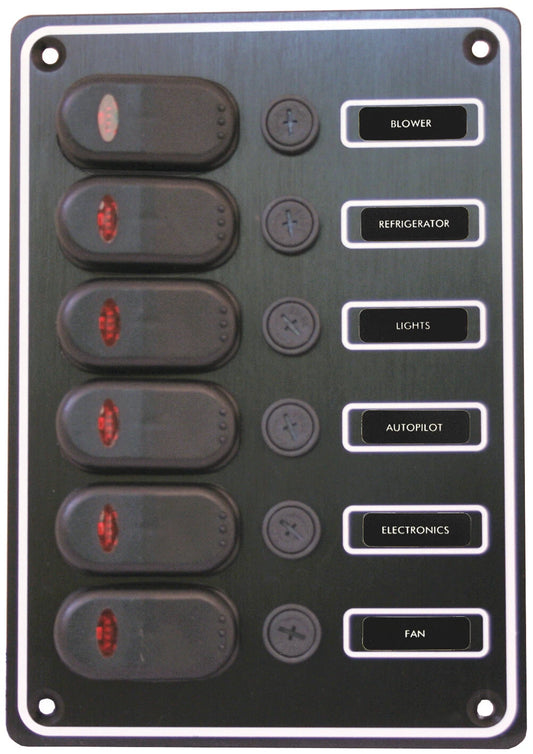 12V 6 Switch Panel Weatherproof Black Textured Alloy Pre-Wired