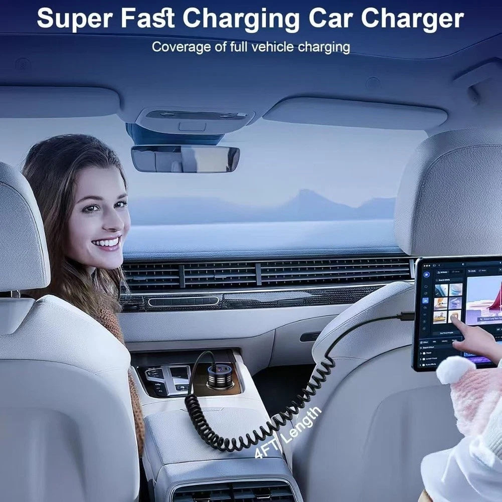 Fast Charging Car Charger for Car/Motorcycle/Boat/RV - Retractable Cable