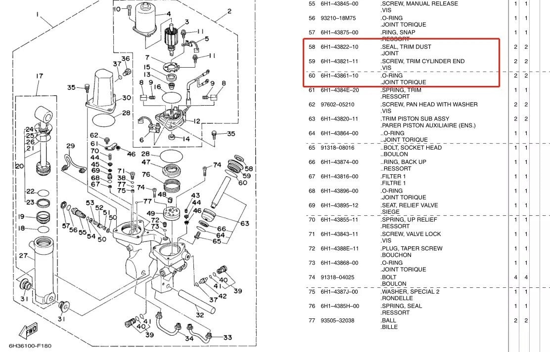 Trim Cylinder End Cap with Seals for Yamaha 75-90HP Outboard 6H1-43821