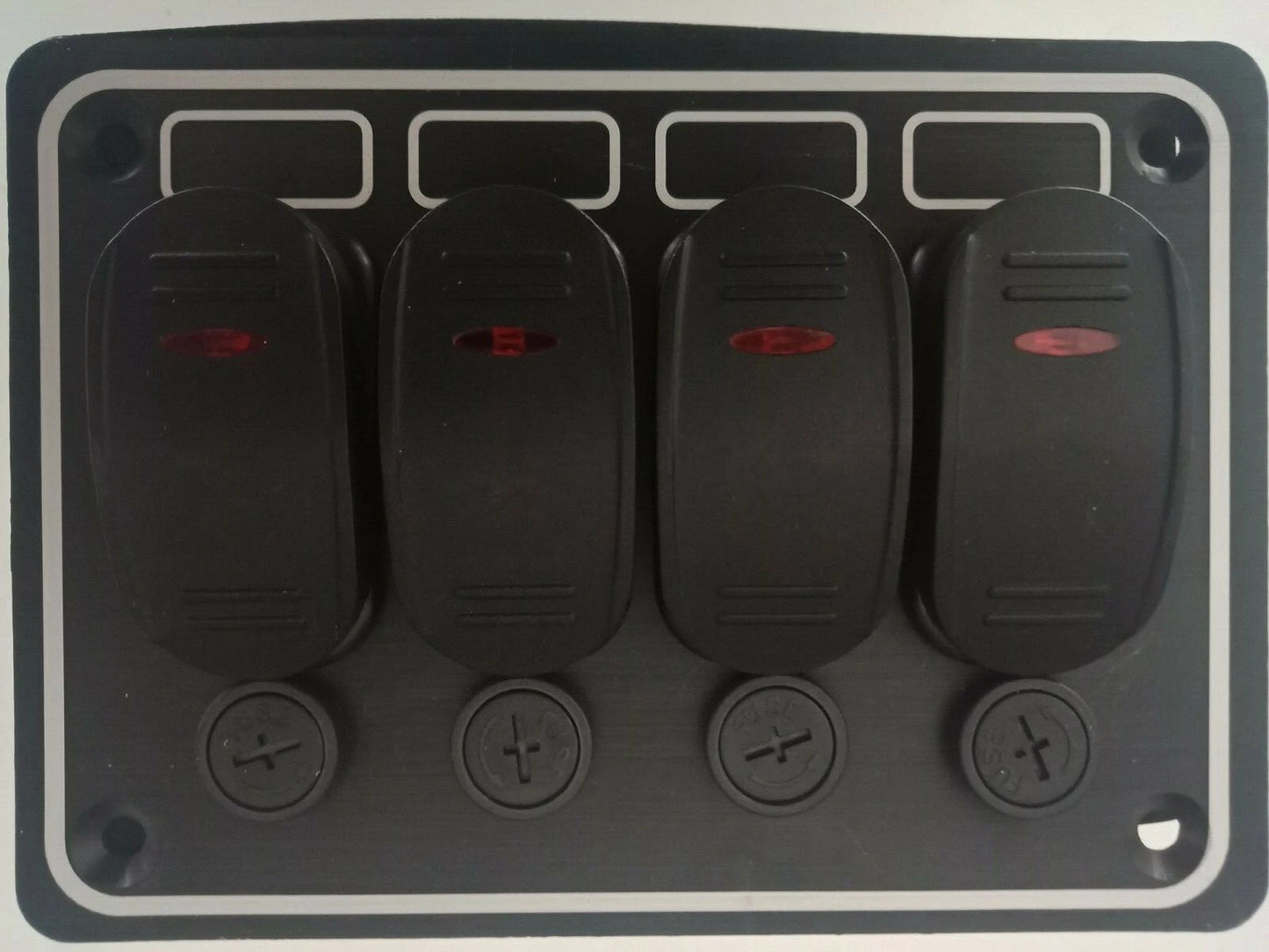 12V 4 Switch Panel Weatherproof Horizontal Black Textured Alloy Pre-Wired
