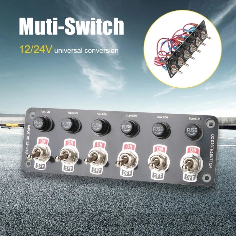 12/24V 6-Gang Rocker Switch Panel Waterproof with 10A Fuses for Boats/RVs