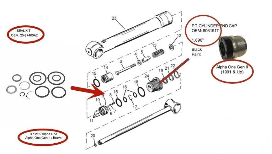 Trim Cylinder Ram Rebuild Kit for MerCruiser RO 25-87400A2 (1.89" O.D.)