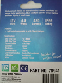 12V 12x5630 LED Cabin Dome Light for Boat/Caravan, 83mm, 192 Lumen, IP66