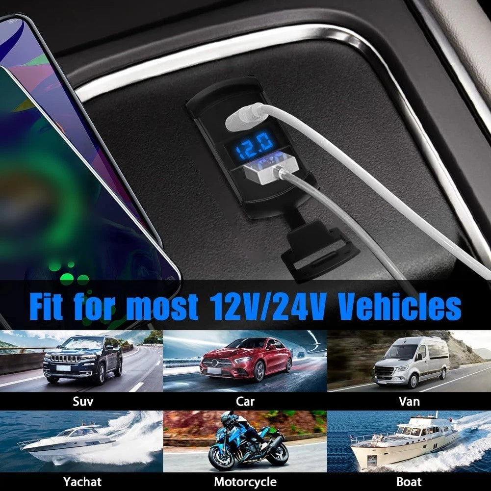 Dual USB Car Charger with Digital Display for Cars/Vans/Motorcycles/Boats